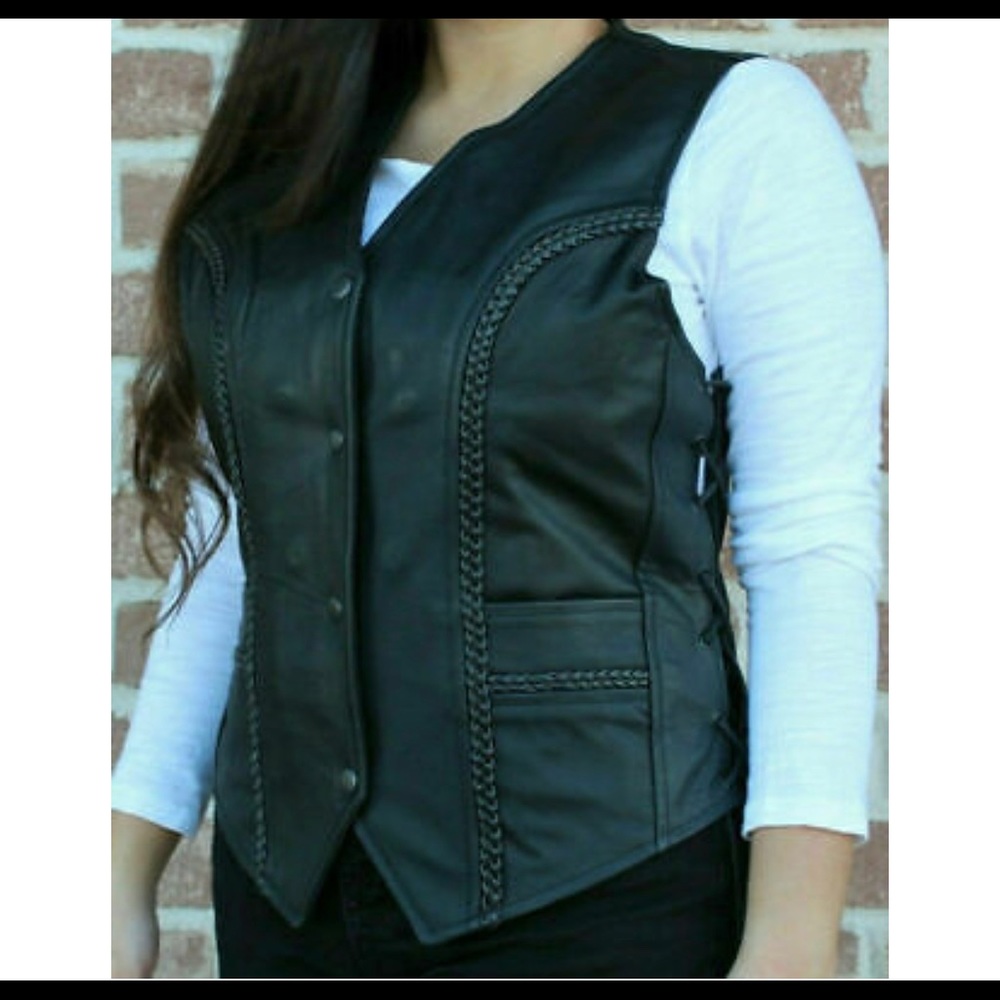 Ladies Braided Side Laces Motorcycle Leather Vest